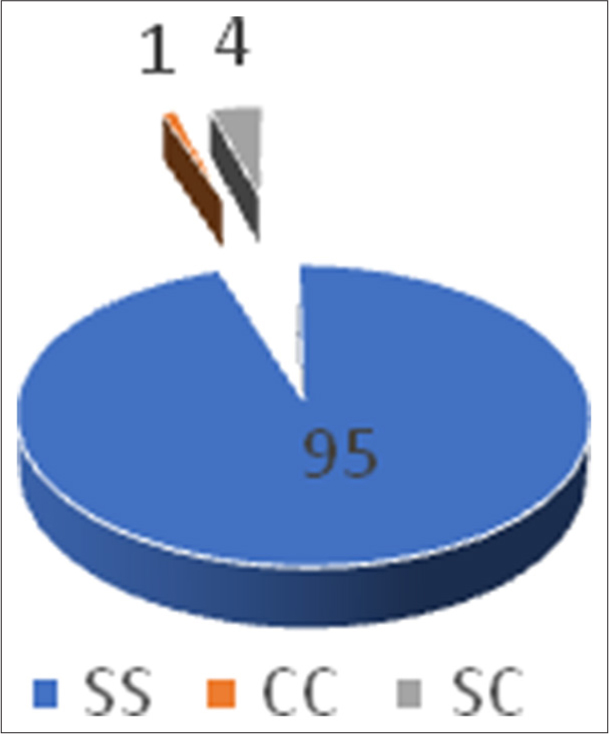 Genotype variants in individuals with sickle cells. SS: Homozygous sickle cell anemia 95%, SC: Heterozygous sickle cell-hemoglobin C disease 4%, CC: Homozygous hemoglobin C disease 1%.