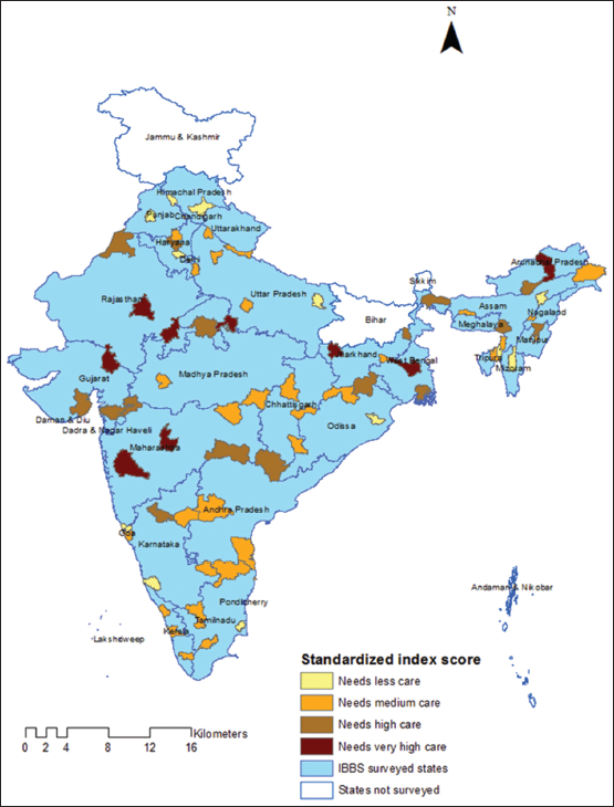 Map showing standardized scores of HIV risk-related factors among female sex workers (FSW) in India: IBBS 2014-2015